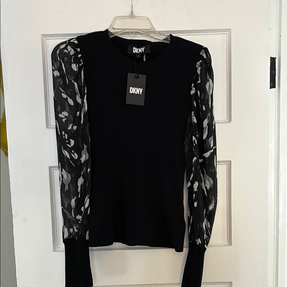 DKNY Black Top with Sheer Patterned Sleeves